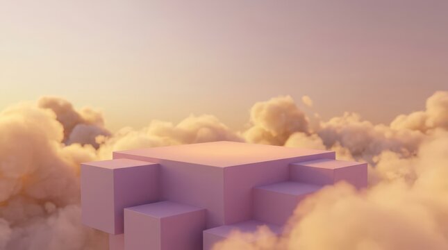 Empty podium stage surrounded by fluffy clouds at sunset featuring pastel pink geometric blocks for product presentation