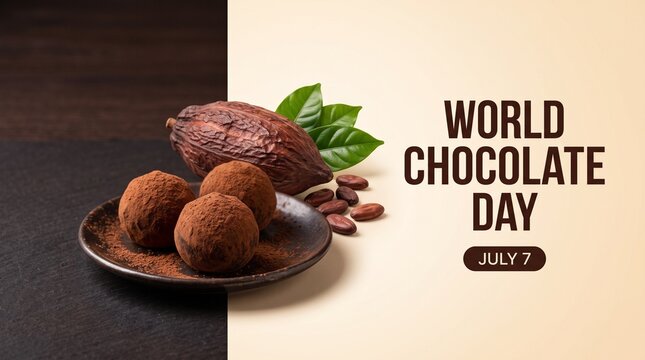World chocolate day celebration with chocolate truffles and cocoa beans