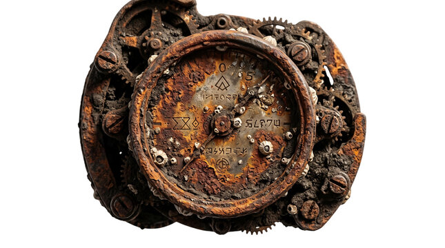 Vintage rusted clockwork mechanism, rusty gear and cog assembly, steampunk antique clock movement with weathered metal dial and corroded details isolated PNG with Transparent Background