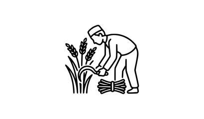 Fototapeta premium Young Farmer Harvesting Rice with Tied Bundle Minimal One Line Vector Icon
