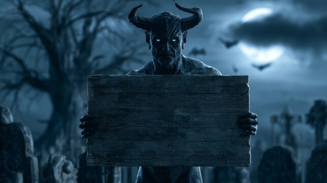 Demon holding an empty wooden sign in a cemetery at night with the moon.