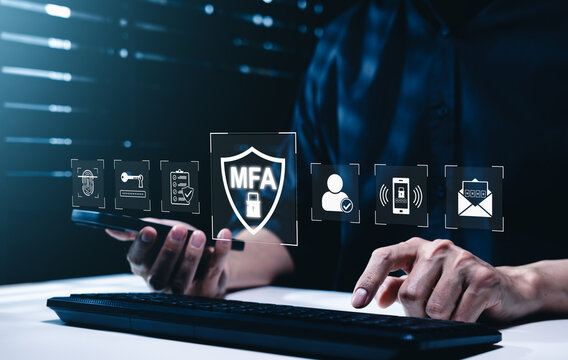 MFA Multi factor authentication concept. Person using computer and smartphone, biometric login, password protection, user verification, mobile approval, secure email, identity security, access control