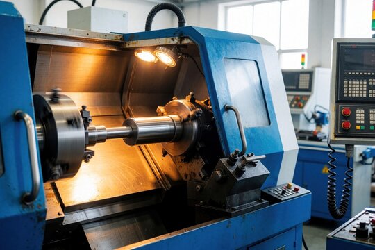 Industrial metal lathe machine works in manufacturing workshop. Heavy metal part rotates during precision turning process. Mechanical engineer uses CNC equipment for production in factory. Pro tool