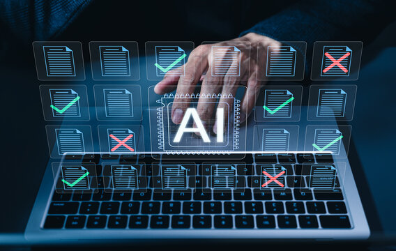 AI document review automation and compliance validation concept. Person using laptop with document files, green approval checks, red rejection marks, quality control, audit workflow, digital accuracy