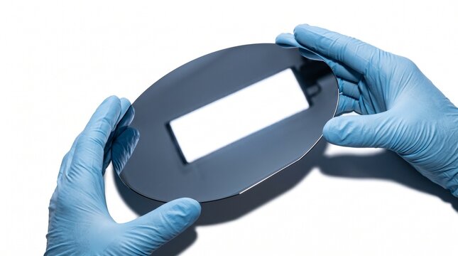 Gloved hands hold a polished silicon wafer with a rectangular cutout, isolated on white background Chip and microchip production chain