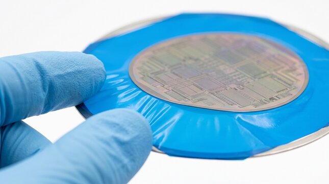 Close up of a semiconductor wafer with intricate circuits being handled by gloved hands on a white background Chip and microchip production chain