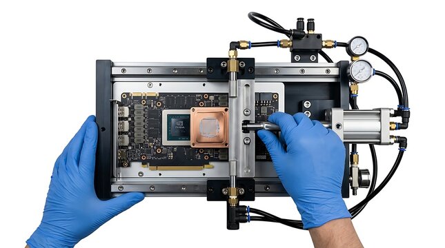 Technician in blue gloves assembling advanced GPU chiplet with pneumatic tool on white background Chip and microchip production chain