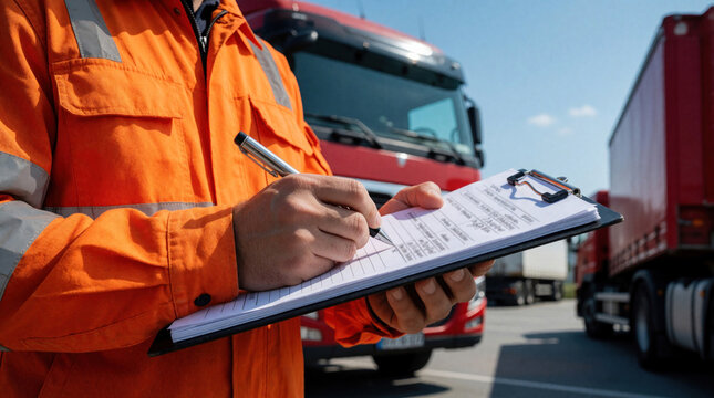 Male worker in orange safety uniform writes on clipboard near red truck. Logistics employee fills out checklist report for transport inspection. Man checks cargo documentation, manages supply chain