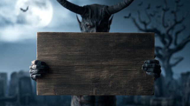 Demon holding an empty wooden sign in a cemetery at night with the moon.