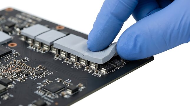 Technician applies thermal pad to GPU components on circuit board for heat dissipation Chip and microchip production chain