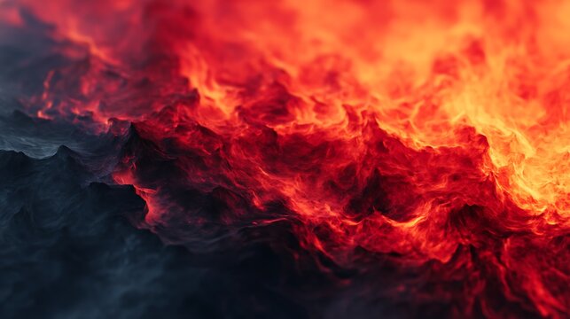 Close-up of intense, swirling red and orange flames blending into dark smoke, creating a vivid contrast of fire and shadow.