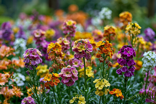 Clusters of colorful garden flowers in a soft focus meadow with wildflowers