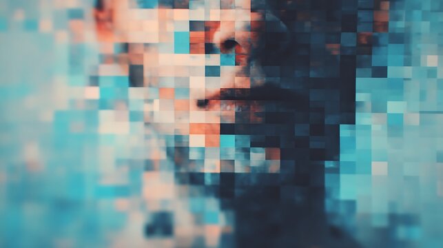 Abstract digital portrait of a human face composed of colorful pixelated squares blending blue, orange, and black hues.