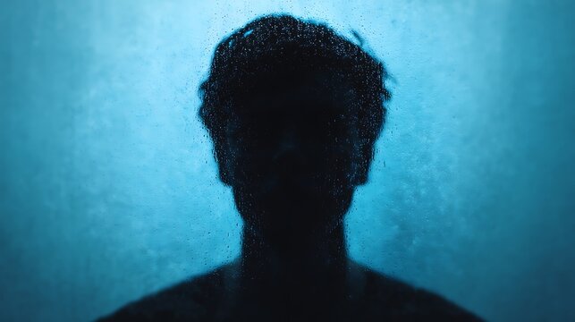 Silhouetted person behind a rain-covered glass, obscured facial features against a blue background, creating a mysterious and moody atmosphere.