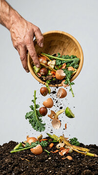 A hand pouring organic food scraps from a wooden bowl into soil for composting.