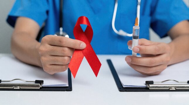 Medical pro in blue scrubs holds red AIDS ribbon, medical syringe. Doctor shows vaccine tool, awareness symbol on desk with clipboards. Healthcare worker promotes HIV prevention, disease testing