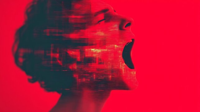 A digital art image of a person"s profile screaming, with pixelated distortion and glitch effects against a red background.