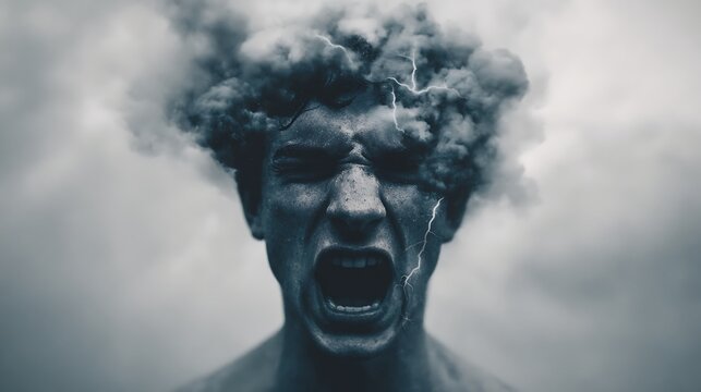 A surreal image of a man screaming with his head transforming into storm clouds and lightning, symbolizing intense anger or turmoil.