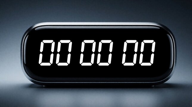 Digital clock showing zero time on dark gradient background. Modern electronic timer displays 00 00 00. Minimalist black device shows empty countdown start of period. Close up studio shot of numeric