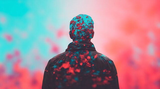 A person viewed from behind is covered in vibrant red and blue paint splatters against a blurred pastel background.