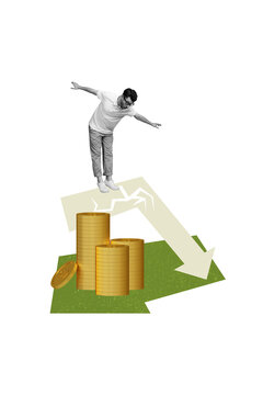 Vertical photo collage of scared man employee fall arrow crack dollar inflation problem recession loss isolated on painted background
