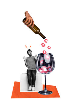 Vertical photo collage of astonished guy alcohol addiction hand pour wine glass imitation like love blogging isolated on painted background