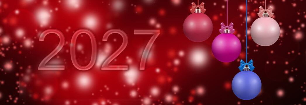 Decorative ornaments and the year 2027 on a red background