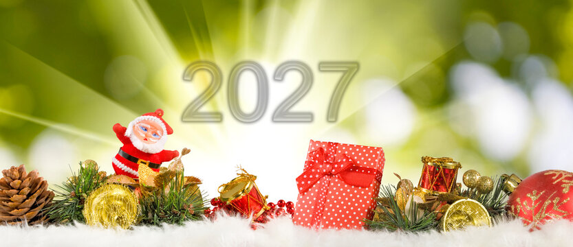 New year celebration decorations with gifts and Santa figure for 2027
