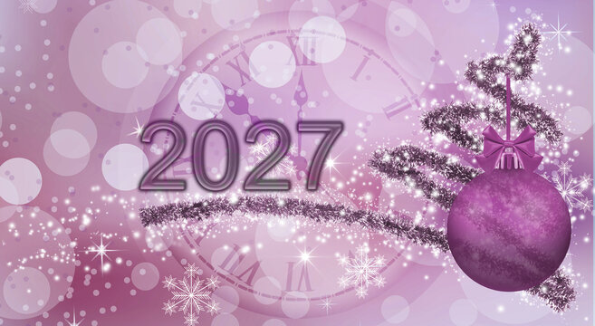 Design for New Year 2027 featuring a clock and decorative elements in shades of purple and silver