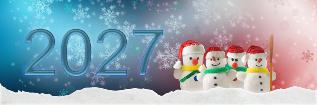 Snowmen celebrate New Year 2027 with hats and scarves in a winter scene