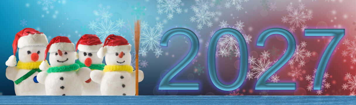 Snowmen celebrate the arrival of the year 2027 with festive accessories and a colorful background