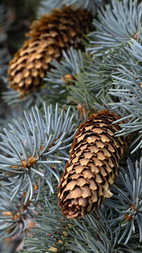 Pine cones on a blue spruce tree branch in a natural setting during the day