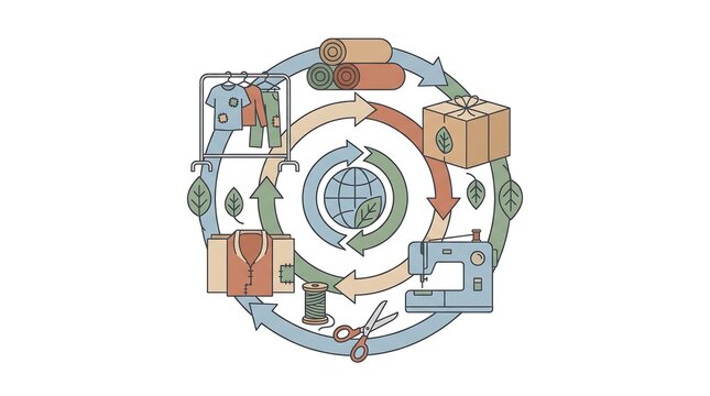 Sustainable fashion circular economy vector illustration with eco icons