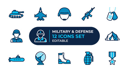 Obraz premium Military and Defense Icons Set: A collection of stylized icons representing various aspects of military and defense, including a tank, fighter jet, helmet, rifle, dog tags, soldier, tent, submarine.