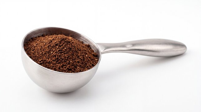 Metallic measuring spoon filled with rich dark roasted ground coffee on white background
