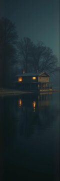 River's edge embrace, a solitary dwelling mirroring the water's slow dance, aged celluloid whispers,  riverside dwelling,  reflective calm