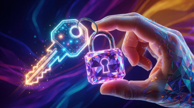 Human hand holds glowing digital key, crystal padlock. Neon light concept for cybersecurity, data privacy. Abstract tech illustration shows secure access to virtual information. Cyber safety,