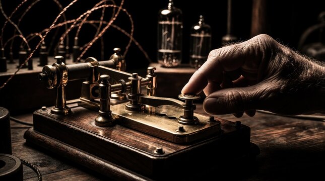 Close up of elderly hand using vintage telegraph machine. Operator sends morse code signal with brass key on wooden desk. Old electrical device with vacuum tubes, copper wires in dark workshop for