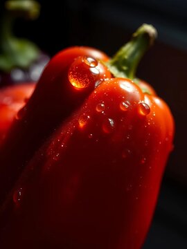 Velvet pepper skin gleams under raking light, droplets poised like jewels, a primal dance of clean,  texture,  cooking