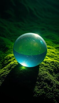 Solemn sphere, imprinted by chance, rests on verdant expanse, bordered by emerald bulwark, simulator shadows linger ,  light,  focus
