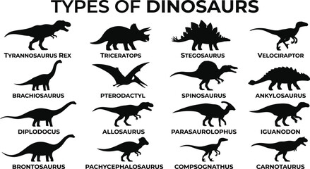 Fototapeta premium Prehistoric paleontology dinosaur reference chart vector illustration showcasing diverse dinosaur species silhouettes including Tyrannosaurus Rex, Triceratops, Stegosaurus, Velociraptor,.