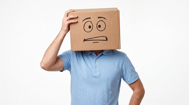 Confused man wearing cardboard box with drawn worried face expression on white background