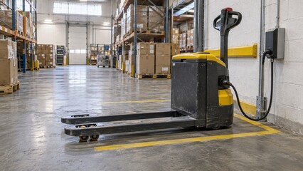 Electric pallet jack charging in a small warehouse © Mario