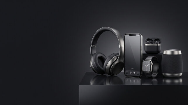 Luxury Smart Device Collection Hero Banner with Flagship Smartphone, Foldable Headphones, Metallic Smartwatch, Wireless Earbuds and Portable Speaker.