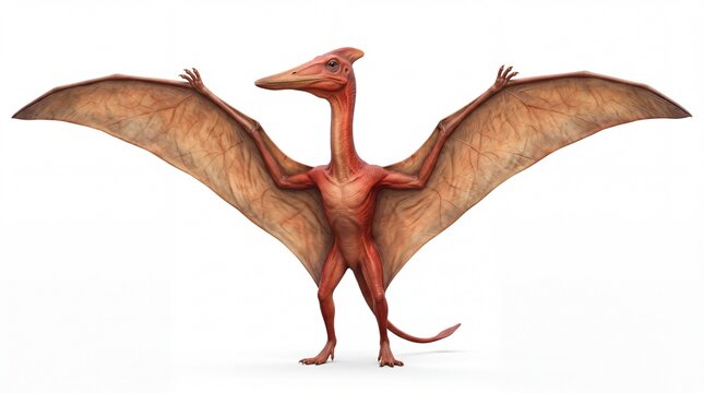 Prehistoric flying pterodactyl dinosaur with large outstretched wings standing proudly on white background