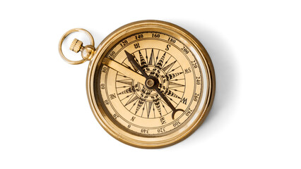 Antique golden pocket compass featuring vintage navigation dial isolated white. © sharjeel