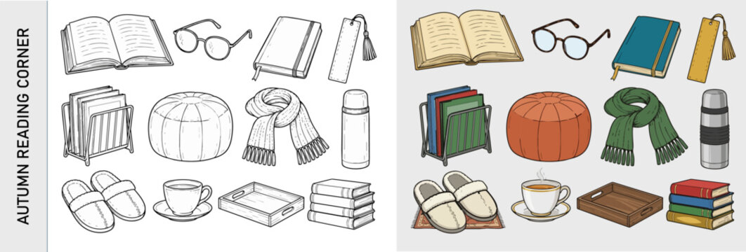 Cozy reading accessories vector set with books, glasses, slippers and warm drink