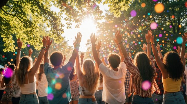 Group of young friends cheer at outdoor music festival. Happy people raise hands toward bright sun under trees. Crowd enjoys summer concert event with colorful bokeh lights. Friends celebrate
