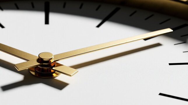 Macro view of analog clock face with gold hands. Close up of white dial, black markers. Concept of time management, deadline, passing hours. Minimalist design shows minute, hour hands for schedule