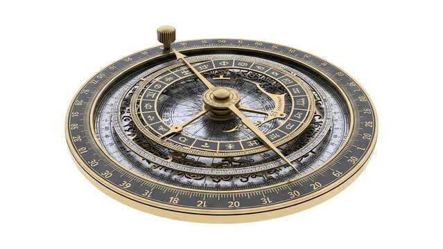 Antique astronomical armillary instrument with celestial markings isolated on white.